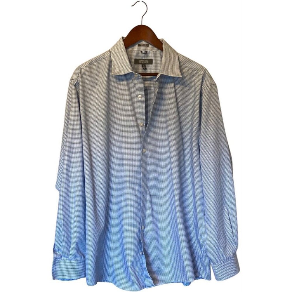Kenneth Cole Blue White Striped Check L/S Shirt Button Down Men's XL 17.5 34-35